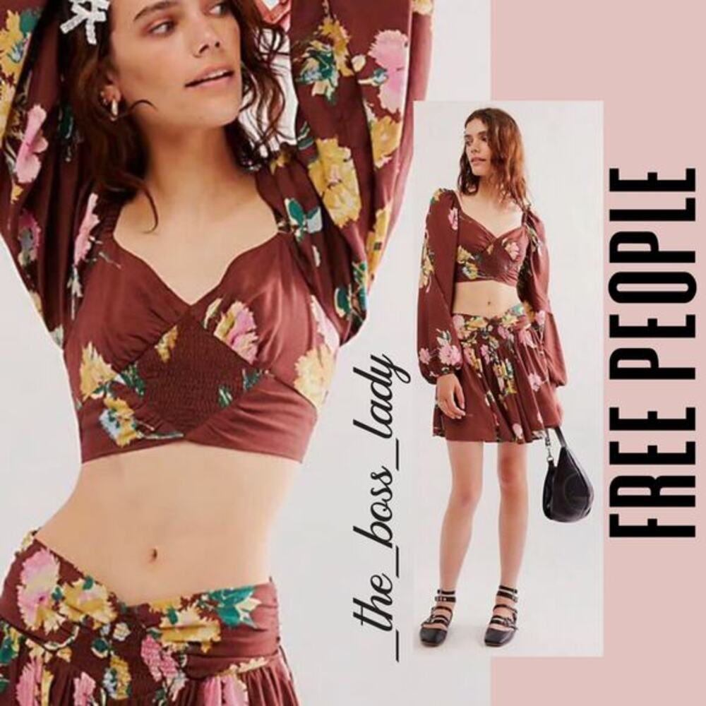 Free People skirt set co-ord mini skirt and crop top floral pleated smocked